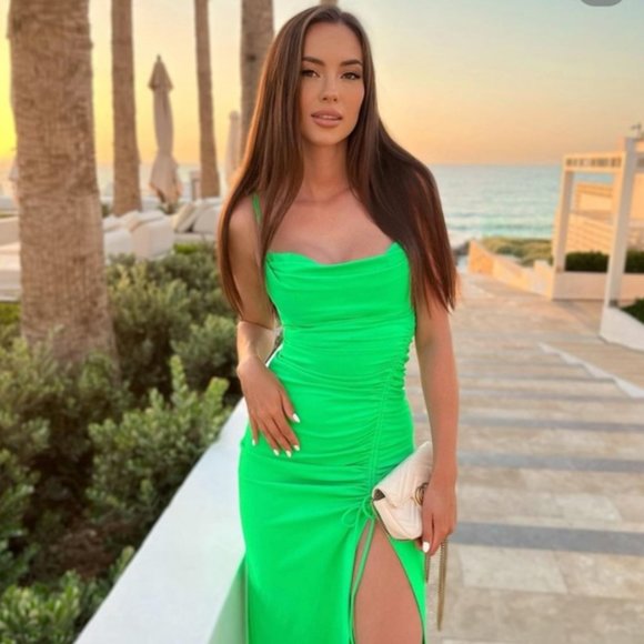 ZARA STRETCH KELLY GREEN SWEETHEART DRAPED DRAWSTRING SLIT MIDI MAXI DRESS $59.9 - Picture 12 of 17